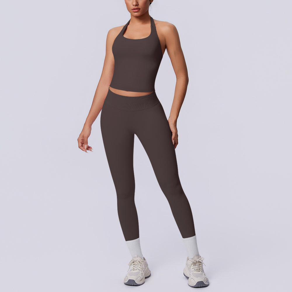 New arrival cross-border seamless pure color halter back tight-fitting suit sports running fitness yoga clothes two-piece set