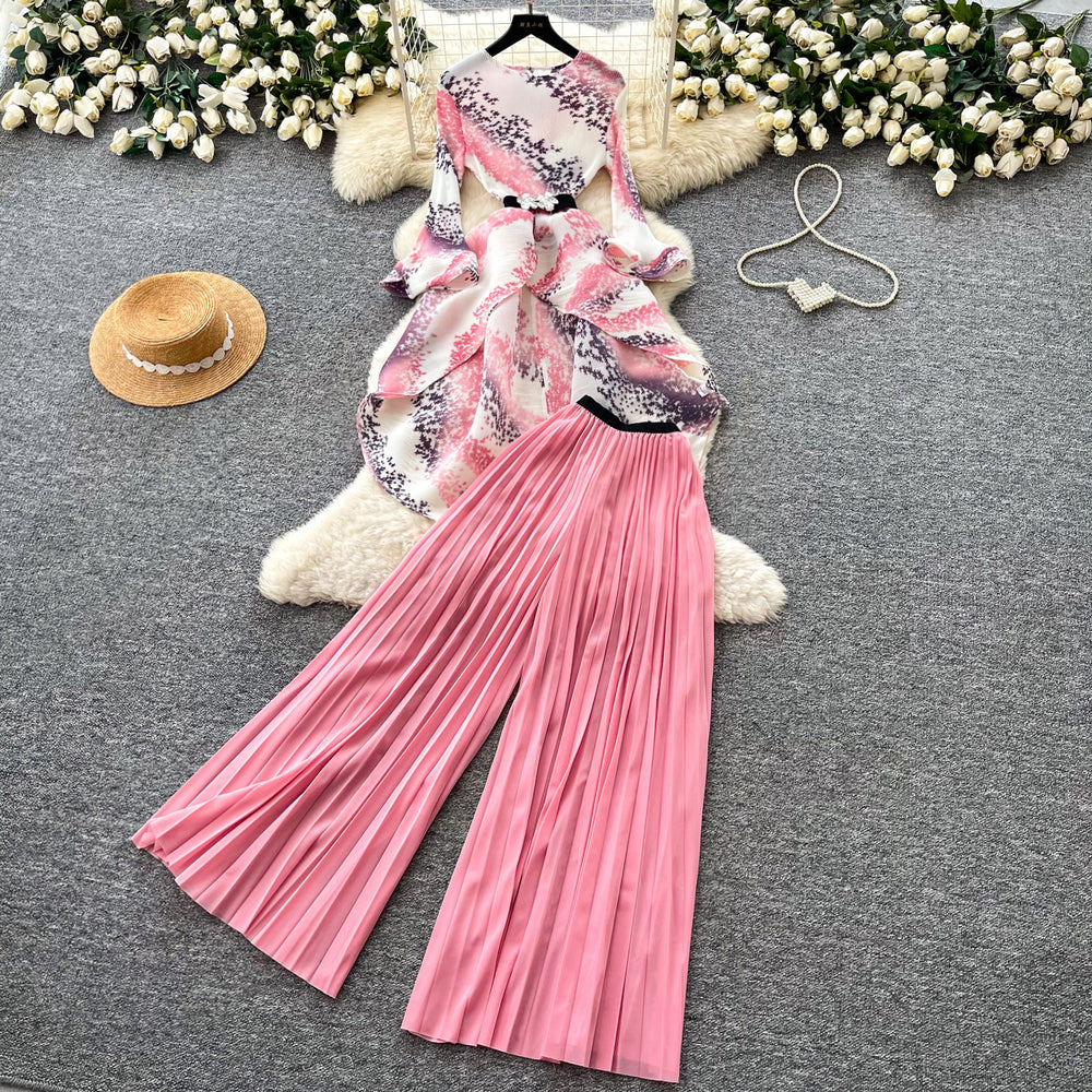 Classyniche stylework clothing style three-quarter sleeve topshigh waistpleatedcasualloose pants women's autumslimming looktwo-piece set