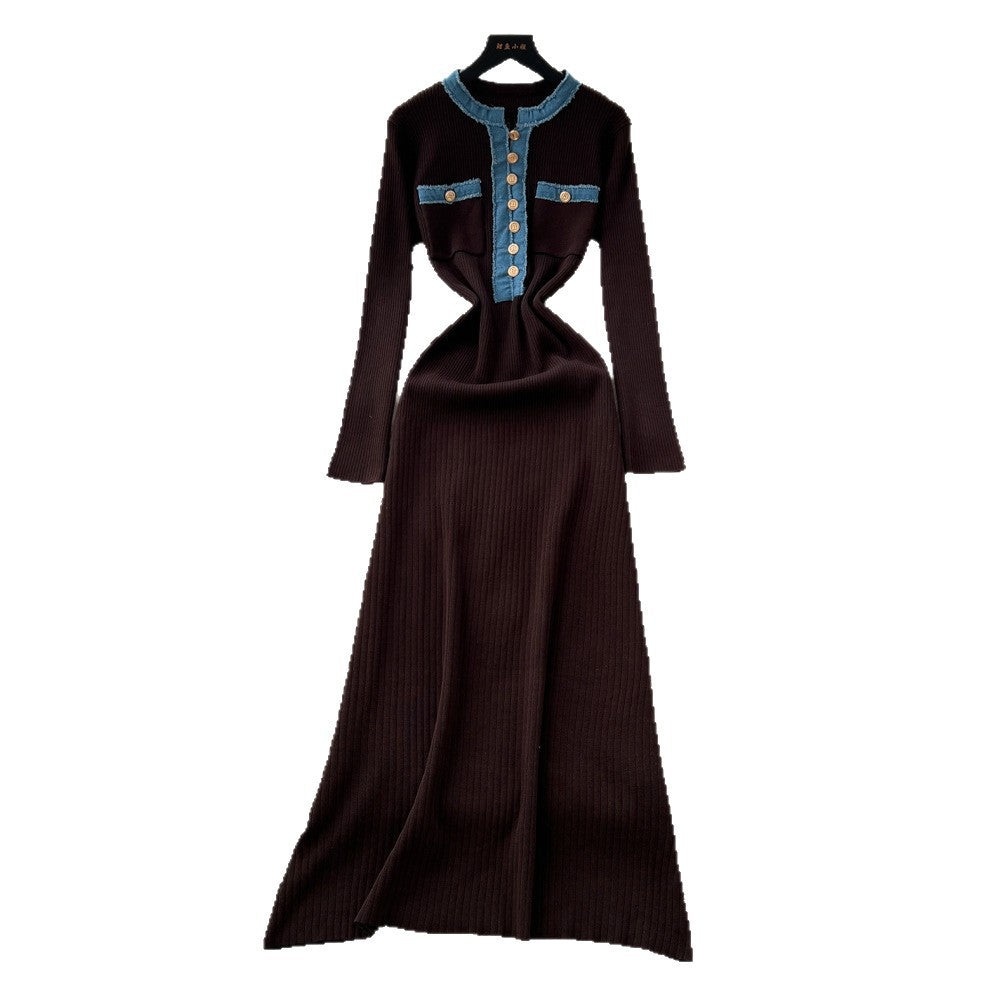 French chic color block knit dress with metal buckle detail - round neck, long sleeves, and cinched waist