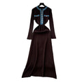 French chic color block knit dress with metal buckle detail - round neck, long sleeves, and cinched waist