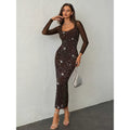 Women's new autumn/winter french chic rhinestone embellished mesh bodycon square neck long sleeve midi dress