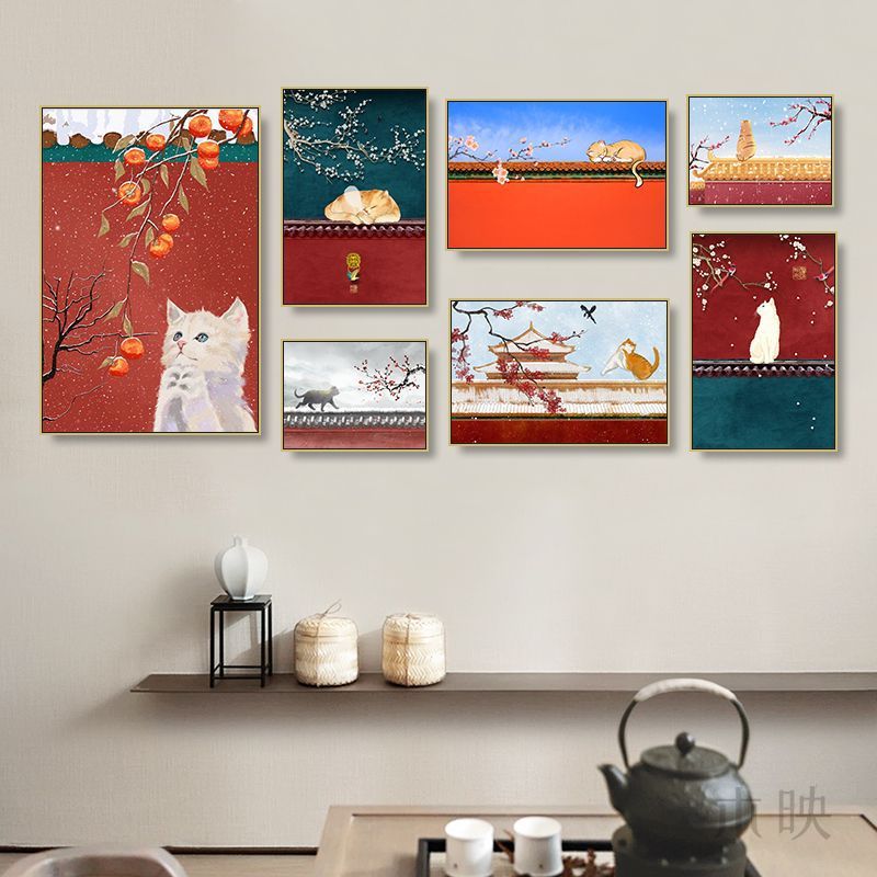 Palace Museum painting Chinese hotel restaurant private room box antique red decorative painting hotel living room cat mural