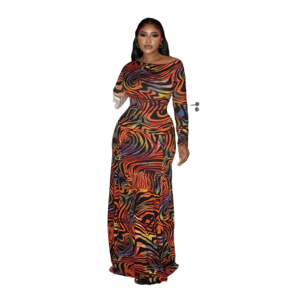 European and american cross-border women's fashion:  early winter new arrival - long sleeve crew neck printed waist-defining patchwork maxi dress