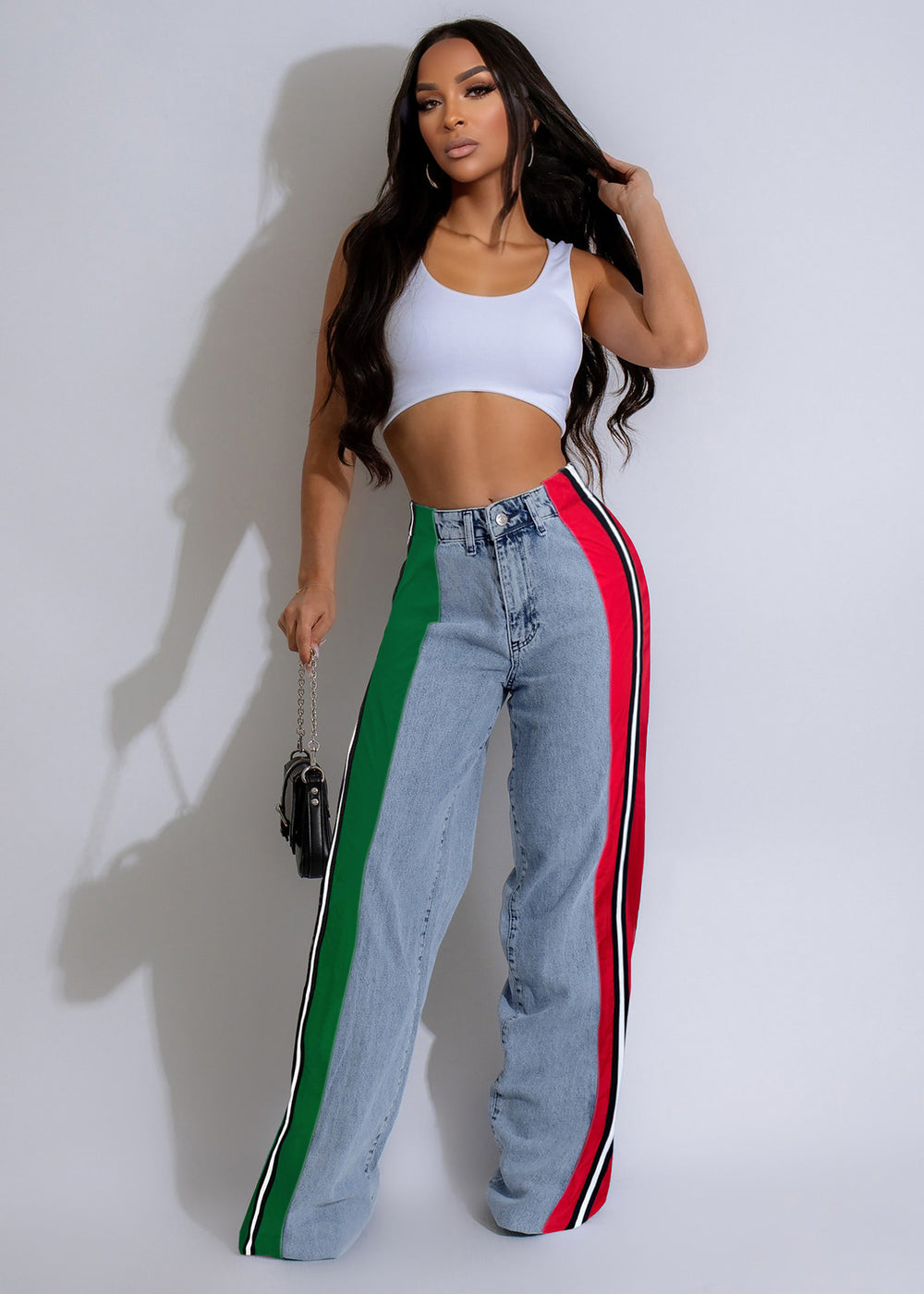 Best selling european and american clothing fashionpatchworkstripescontrast color denim pants new arrivalcasual waist elastic straight-leg pants