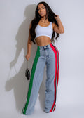 Best selling european and american clothing fashionpatchworkstripescontrast color denim pants new arrivalcasual waist elastic straight-leg pants
