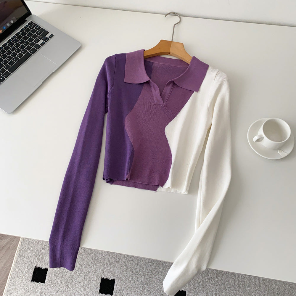 Niche stylesense of designretrofashion color matching polo collar long sleevesknitting shirt women's autumslimslimming lookshorttops