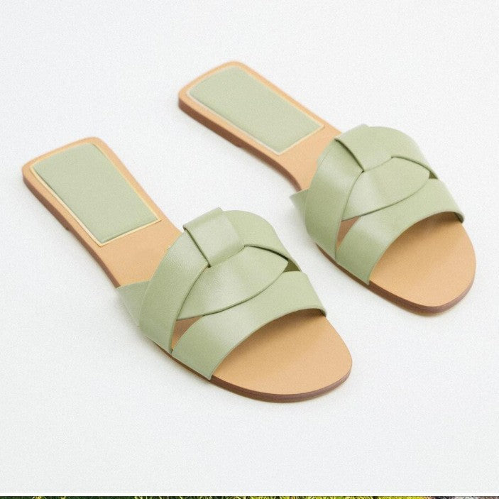 Za 2023 spring new women's square toe criss-cross flat sandals - minimalist, versatile, outdoor slides for women
