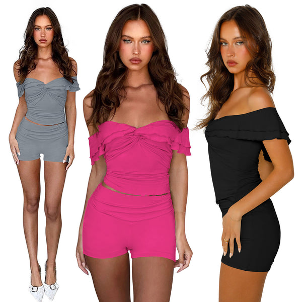 YD8801-B2 European and American women's clothing, 's new model, sexy off-the-shoulder milk silk double-grinding two-piece set,