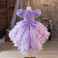European and american style girls' bubble sleeve dress with 3d floral appliques, tiered cake skirt, and train - ready to ship