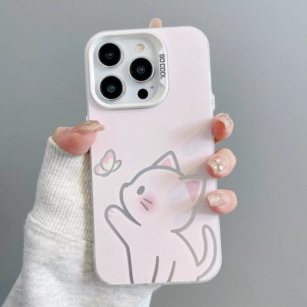 Couple cat & dog catching butterfly design iphone 18 pro max case - gradient color silver iphone 17 hard case