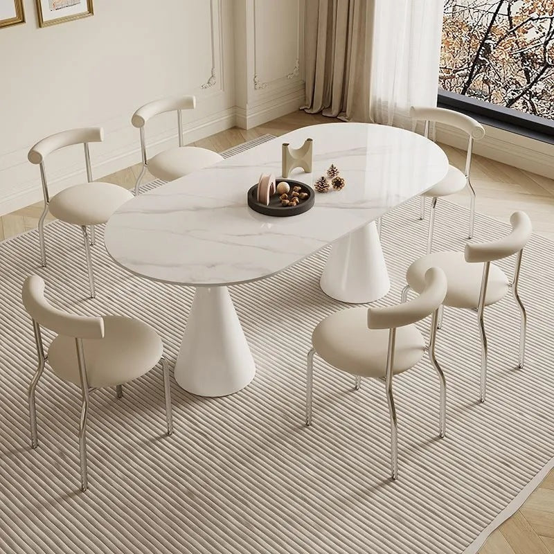 Luxury modern minimalist small apartment home oval dining table french cream style sintered stone dining table and chair set
