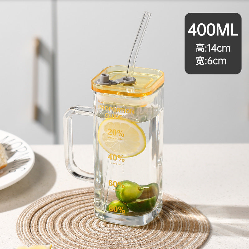 Square glass light luxury with bamboo cover juice cold drink cup household straw cup high value fruit teacup activity gift