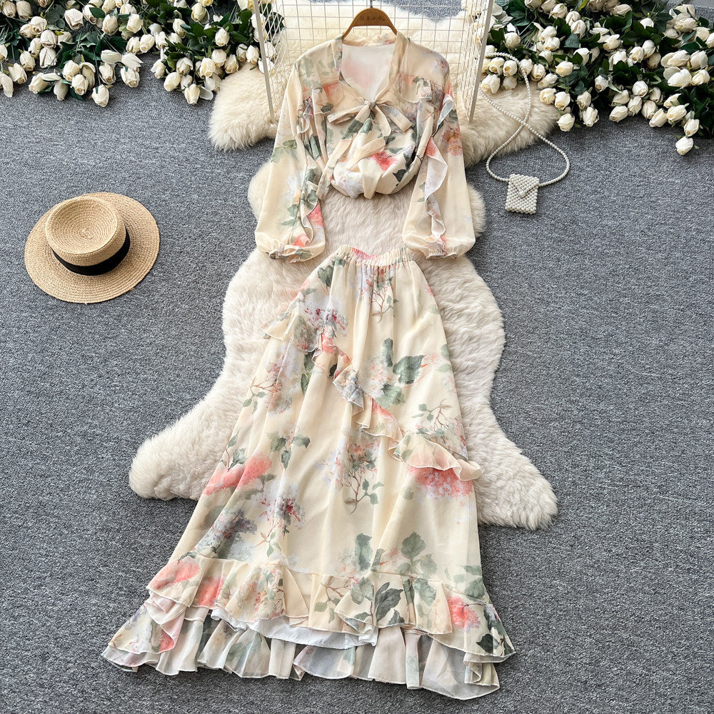 French print slim-fit two-piece set for women - autumn ruffle hem a-line skirt, commute-ready, elegant vacation style outfit