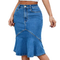 European and american style mid-waist elastic denim skirt flared fishtail mid-length skirt silm hip-covering patchworkruffles skirt