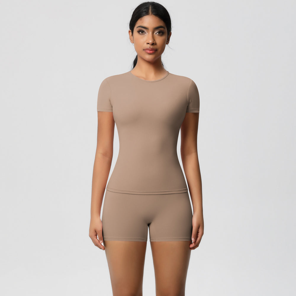 European and american nude feel tight-fitting short-sleeve t-shirt yoga outfit high-waisted butt-lifting quick-dry shorts running sports fitness set for women