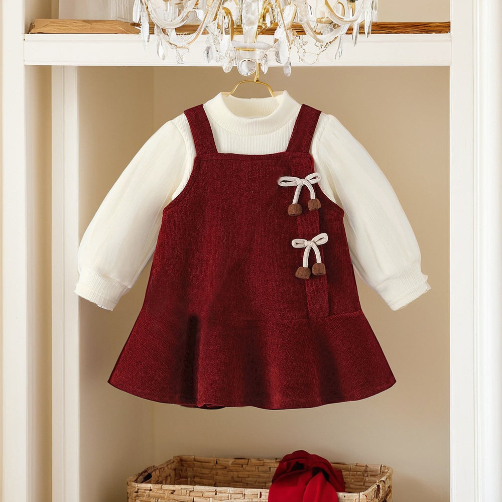 girls' autumn/winter thickened dress set - burgundy new year's outfit with bow for chinese new year celebrations