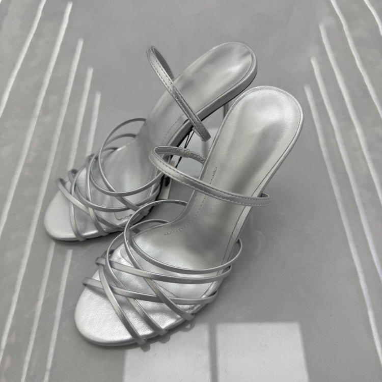 Spanish 2025 summer new women's shoes black pink thin strap decorated leather fashion casual commuter high heel sandals