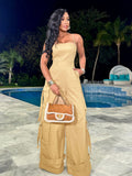 european and american new arrival cross-border women's sexy bandeau multi-pocket cargo jumpsuit wide leg romper