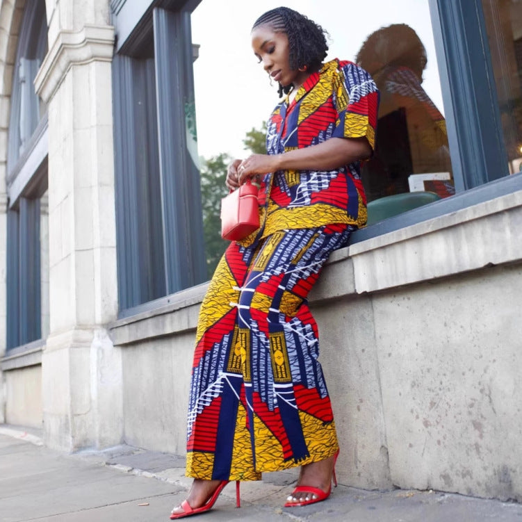 European and American large size loose lapel short-sleeved printed cardigan shirt African casual wide-leg trousers foreign fashion suit