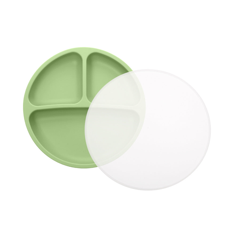 Children's silicone round three-grid plate with PP lid tableware set Baby feeding complementary food plate with small suction cup