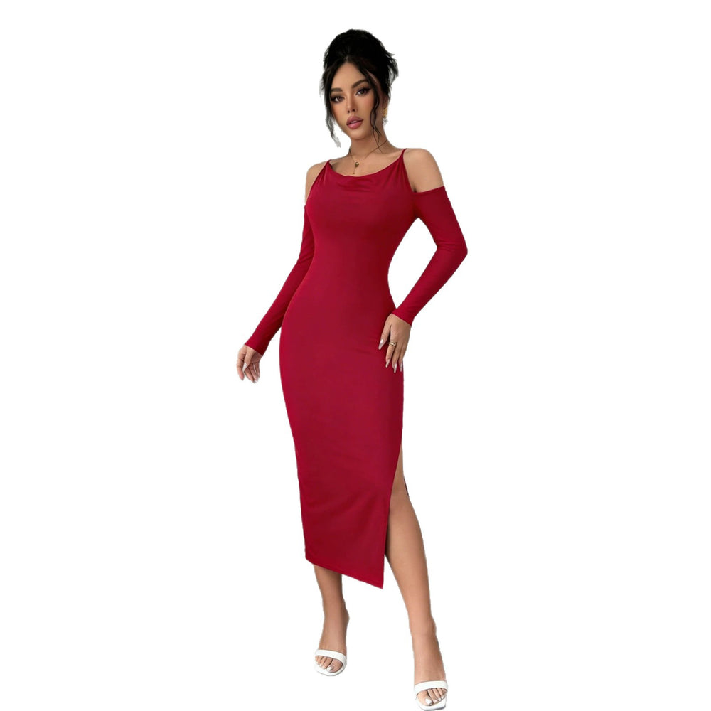 fashionclassy off-shoulder dress silmslimming look slit hip-covering long sleeves banquet dress mid-length skirt