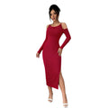 fashionclassy off-shoulder dress silmslimming look slit hip-covering long sleeves banquet dress mid-length skirt