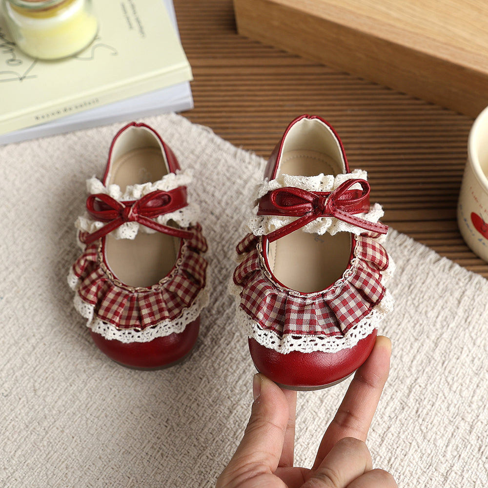 Vancahao girls' bow-tie princess shoes, new spring/autumn  collection, kids' fashionable low-cut leather shoes with lace trim