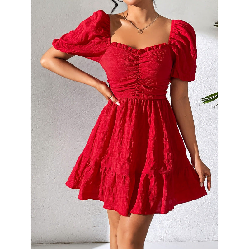 cross-border new women's babydoll dress with heart neckline, short sleeves, and puff sleeves