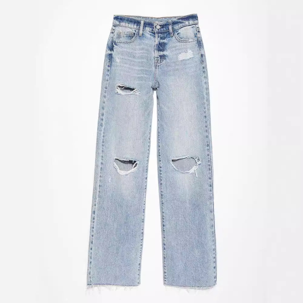 Xintang jeans women's new arrivalfashion ripped high waiststraight-legjeans washed and worn fashionjeans