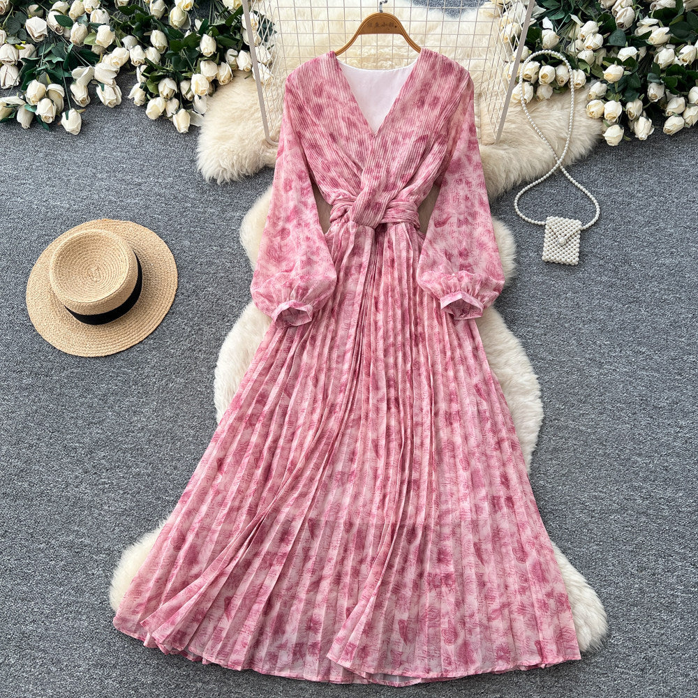 French riviera style v-neck lantern sleeve printed dress - women's summer korean style slimming a-line maxi dress