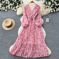 French riviera style v-neck lantern sleeve printed dress - women's summer korean style slimming a-line maxi dress
