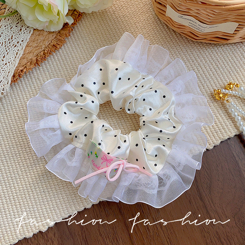 Hair tie women's classy style fashion cream white polka dot lace double layer large intestine hair rope tie hair durable headband
