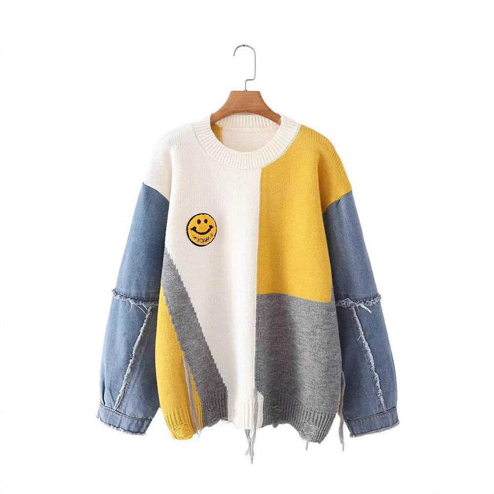 European and american style cross-border autumn/winter denim sleeve color block smiley face loose pullover sweater round neck knitted base layer top for women