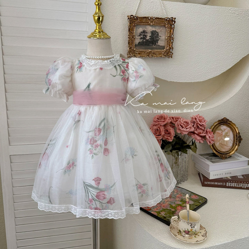 summer girls' fairy floral print mesh lace bubble sleeve princess dress - clearance sale (limited sizes available)