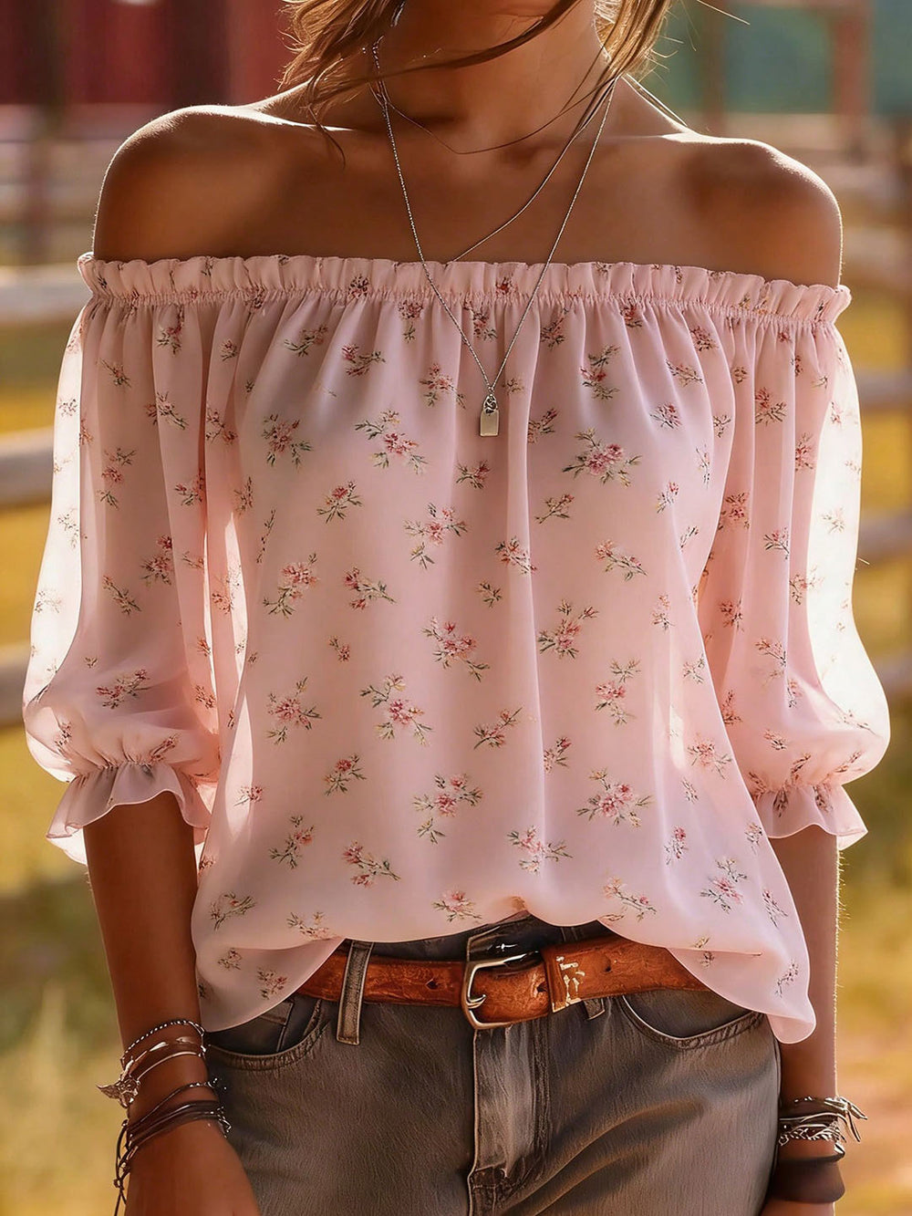 fashion  summer new pink floral off-the-shoulder top, bardot neck bubble sleeve chiffon blouse
