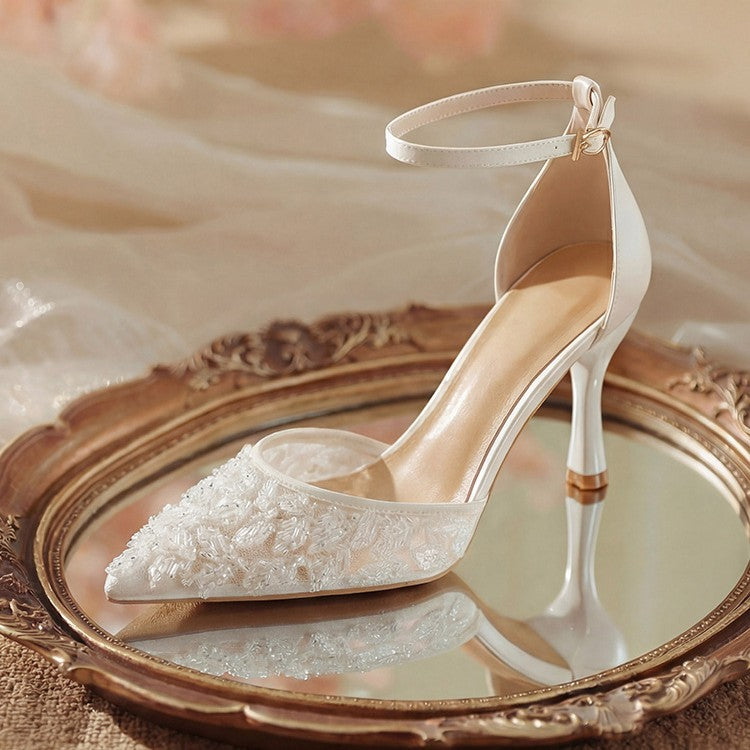 2026 new summer mesh bridal shoes women's wedding shoes one-strap high heel sandals