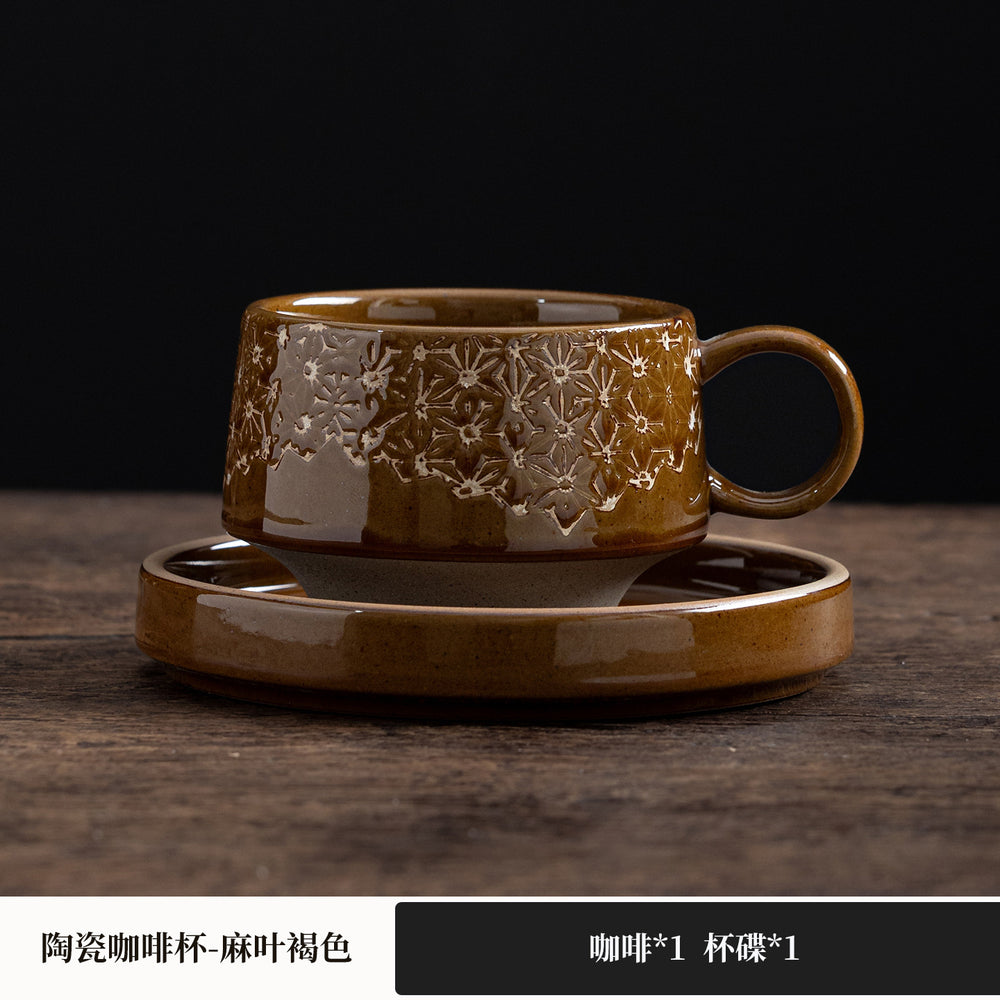 Vintage chic ceramic mug and saucer set - high-style afternoon tea, milk, and coffee cups - rustic pottery, japanese-style hand-painted ceramic mugs and water cups