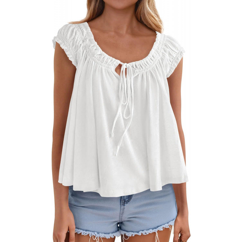 fashioneleganttie backrufflesshirt women's  summer new arrivalfashion pleated tops