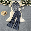 European and american hot girl style leopard print crew neck short sleeve t-shirt + high waist slimming solid color wide leg trousers two-piece set