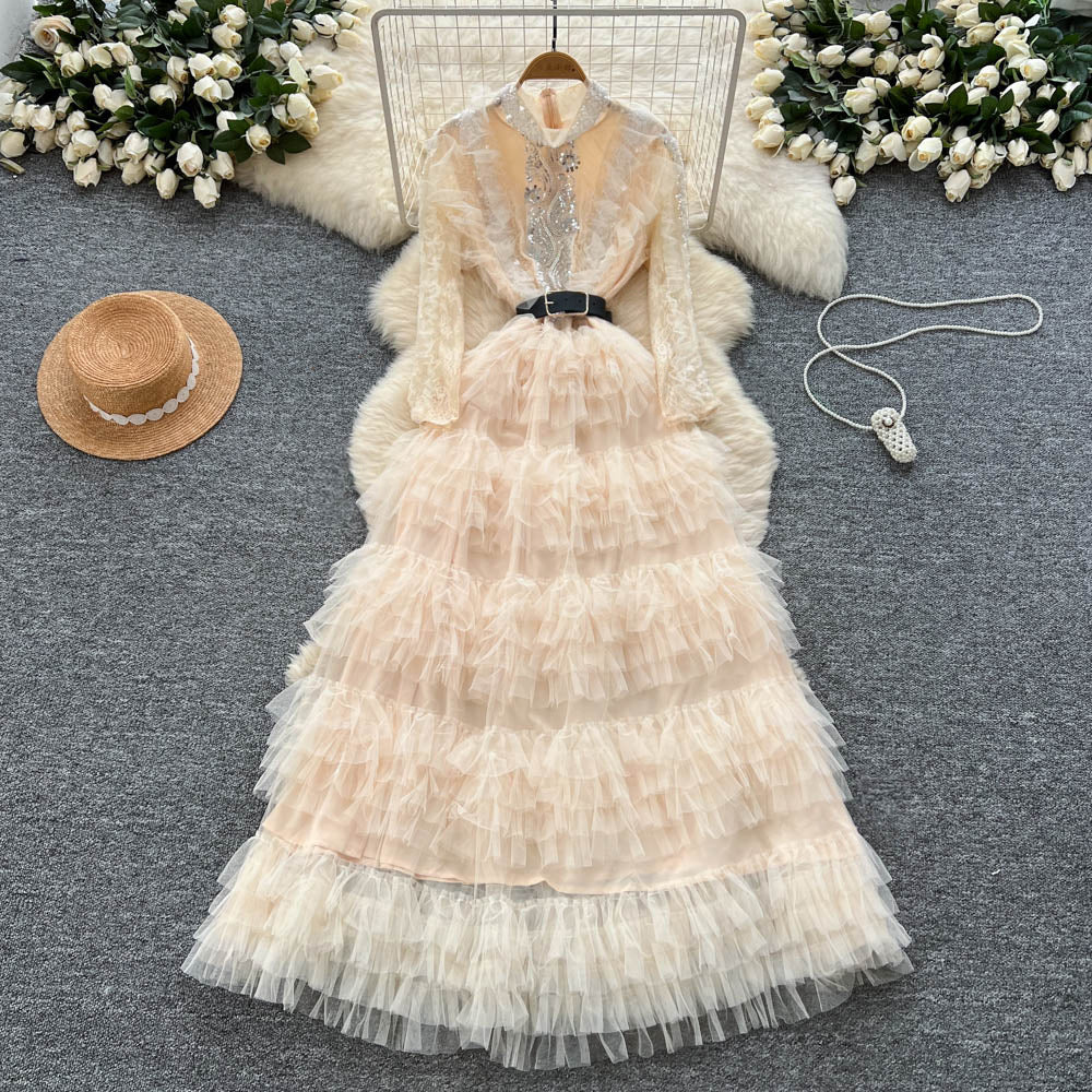 French chic sequin & beaded embellished mesh a-line maxi dress - slimming, elegant, and flattering