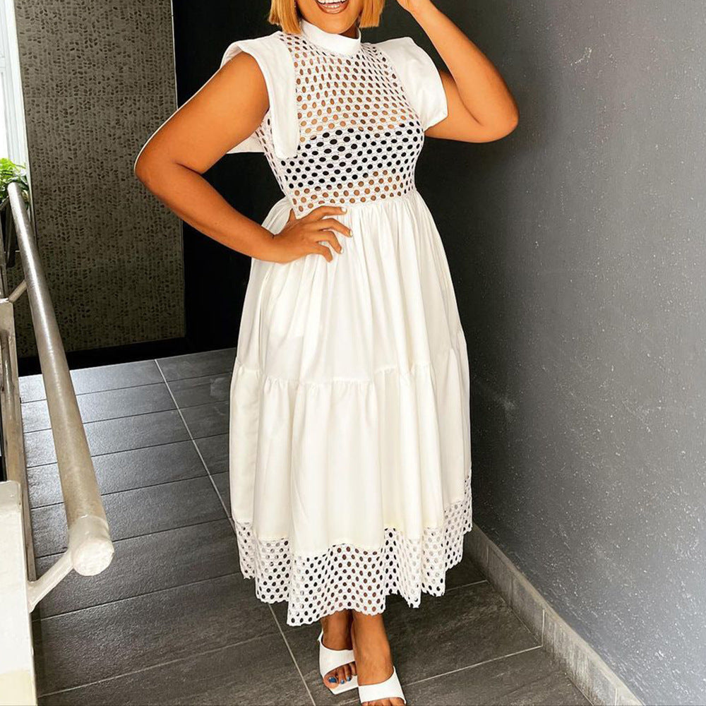 D3056m summer flying sleeves cut outpatchworkelegantwork clothingloosea-line skirtplus size cross-border dress