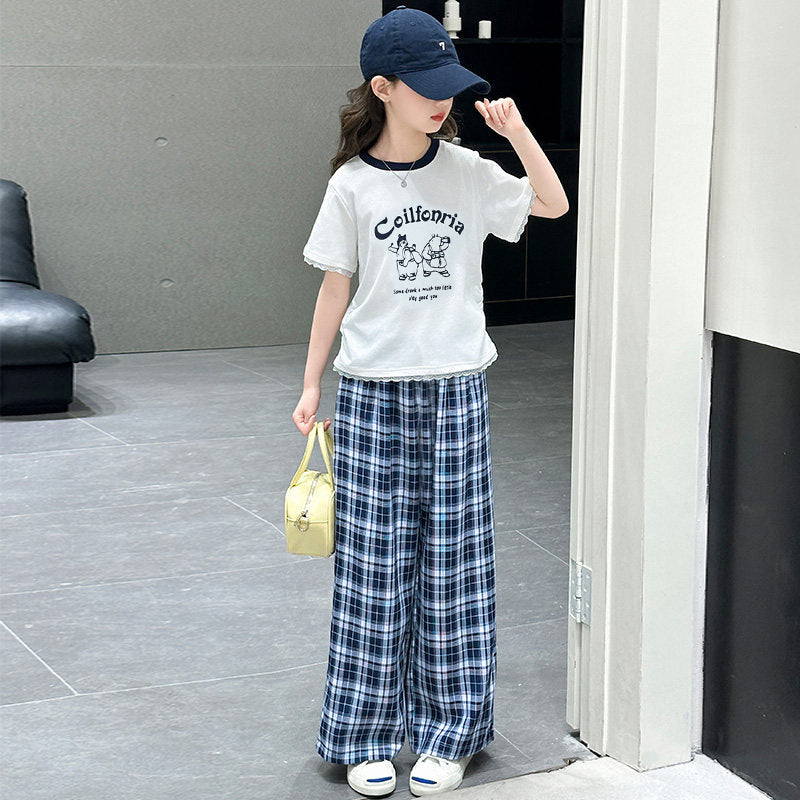 summer new arrival: kids' short-sleeve plaid pants two-piece set - children's cartoon letter lace-trimmed short-sleeve casual outfit