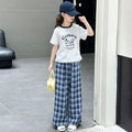 summer new arrival: kids' short-sleeve plaid pants two-piece set - children's cartoon letter lace-trimmed short-sleeve casual outfit