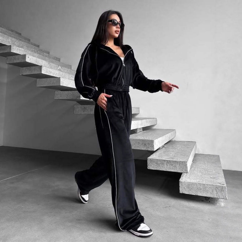 Europe, America, 's new velvet sports suit, bar-striped hooded cardigan, jacket, lace-up wide-leg pants, two-piece set for women