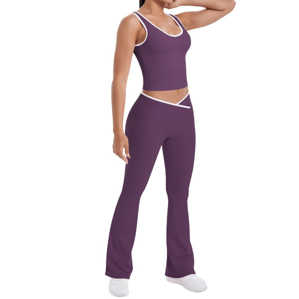 double-sided brushed contrast color tight breathable cross wide-leg yoga suit sports running fitness two-piece set