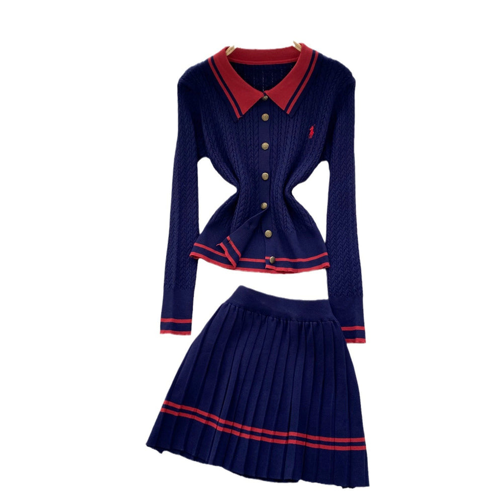 Preppy style small spur embroiderpolo collar long sleevesknittingcardigan women's autumtwo-piece setsweaterhigh waistpleated short skirt