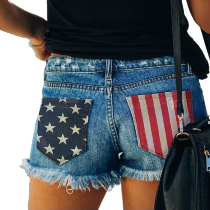 European and american cross-border trade women's clothing  new arrival american flag print slimming distressed single-breasted denim shorts