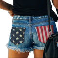 European and american cross-border trade women's clothing  new arrival american flag print slimming distressed single-breasted denim shorts
