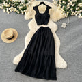 Age-reducing fresh spring and summer holiday style short small flying sleeve suspender tops + high waist pleated skirt two-piece set