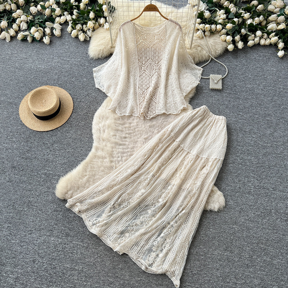 Gentle wind lacecut outeleganttwo-piece set women's summer pure desire wind silmslimming lookwork clothingelegancesuit